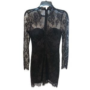bebe Black Lace Dress Size 6 Illusion Sleeve Gothic Formal High Neck Short